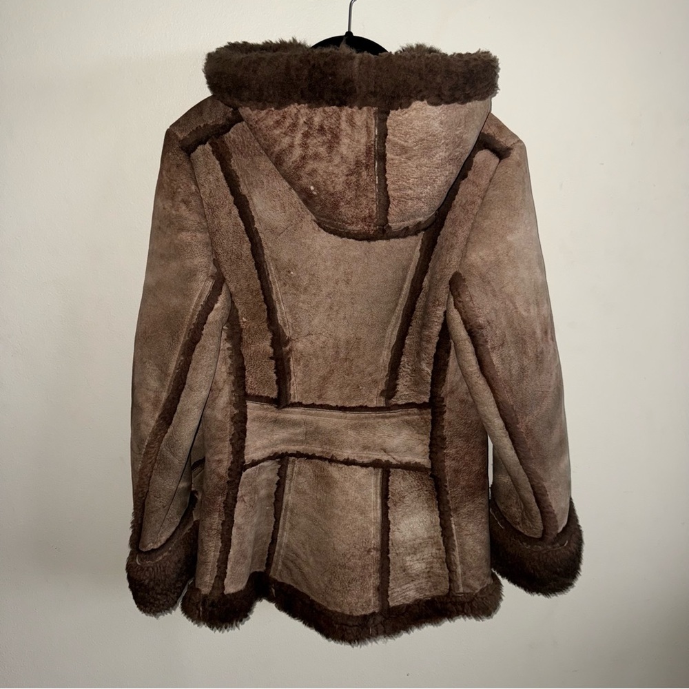 Vintage Shearling Sherpa Sheepskin Coat Zip Up Heavy Duty With Hood SMALL
